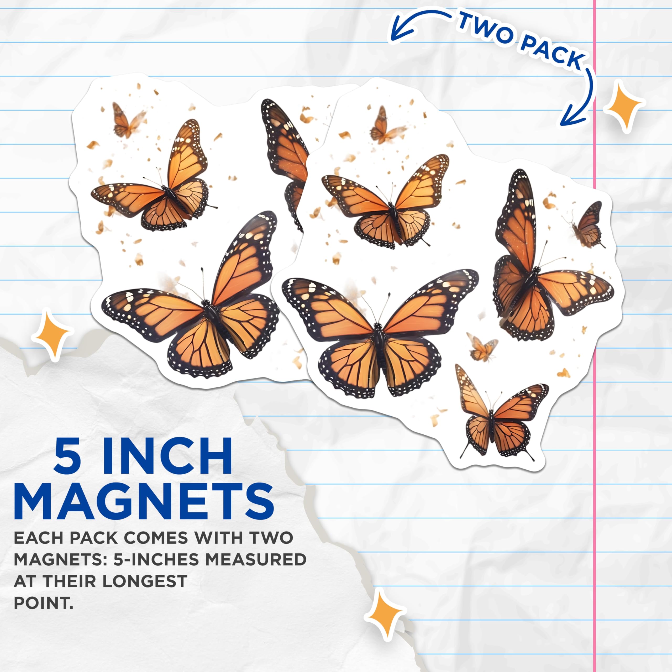 (2 Pack) Butterfly Magnets - Monarch Butterfly Decor - Fridge Magnets - 5" On Longest Side - Premium Magnet - for Cars, Refrigerators, Toolboxes, Lockers - Made in USA - MAG15085