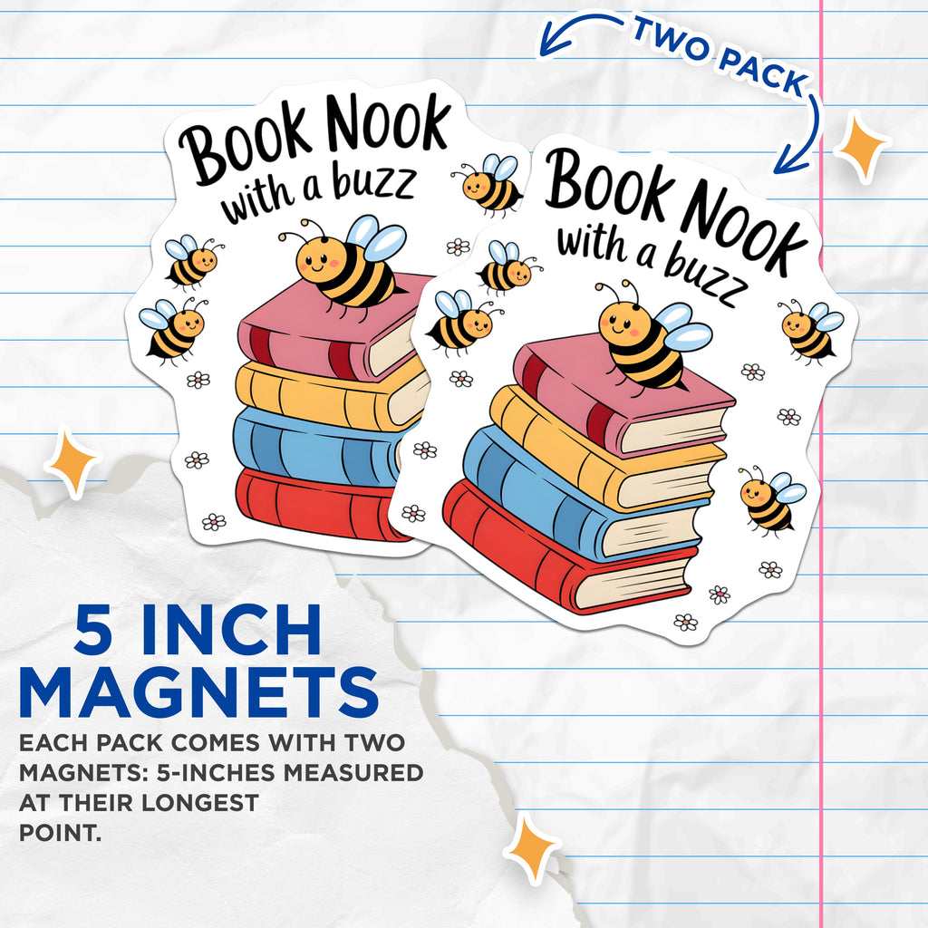 (2 Pack) Book Nook Magnets - Cute Reading Decor - Book Lover Bee - Librarian Teacher Student - 5 Inches On Longest Side - Thick Durable Magnet - Made in USA - MAG36507