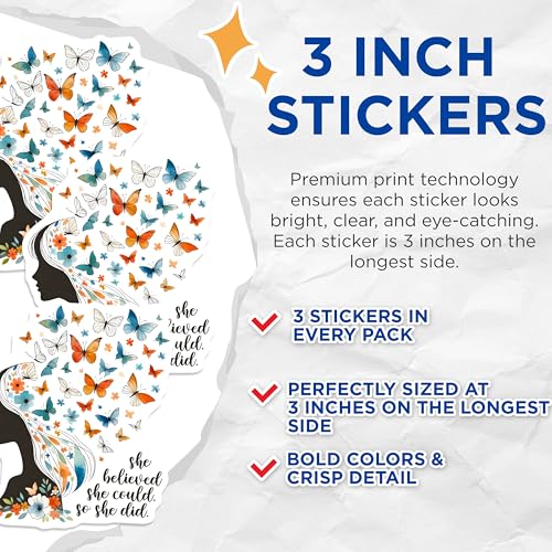 (3 Pack) Butterfly Decals - Motivational Quote - Laptop Decal - Girl Power Decals - 3 Inches On Longest Side - Easy Peel & Apply - Made in USA - 3MCS2004