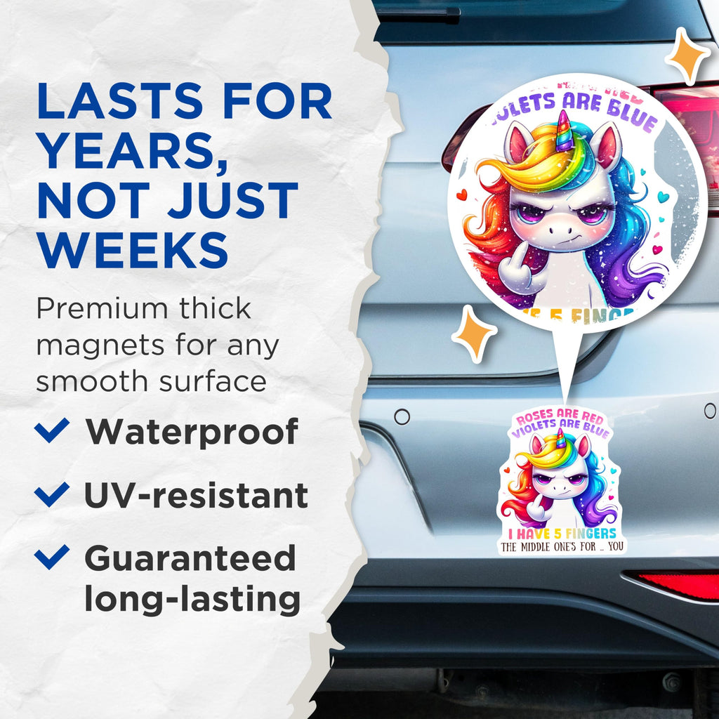 (2 Pack) Funny Unicorn Quote Magnets - Middle Finger Unicorn Magnets - Roses are Red Violets are Blue Magnets - 5" On Longest Side - for Cars, Refrigerators, Toolboxes, Lockers - Made in USA BMCS3345