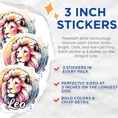 (3 Pack) Leo Lion Decals - Zodiac Sign Stickers - Laptop Car Decal- 3 Inches On Longest Side - Easy Peel & Apply - Made in USA - 3MCS5843