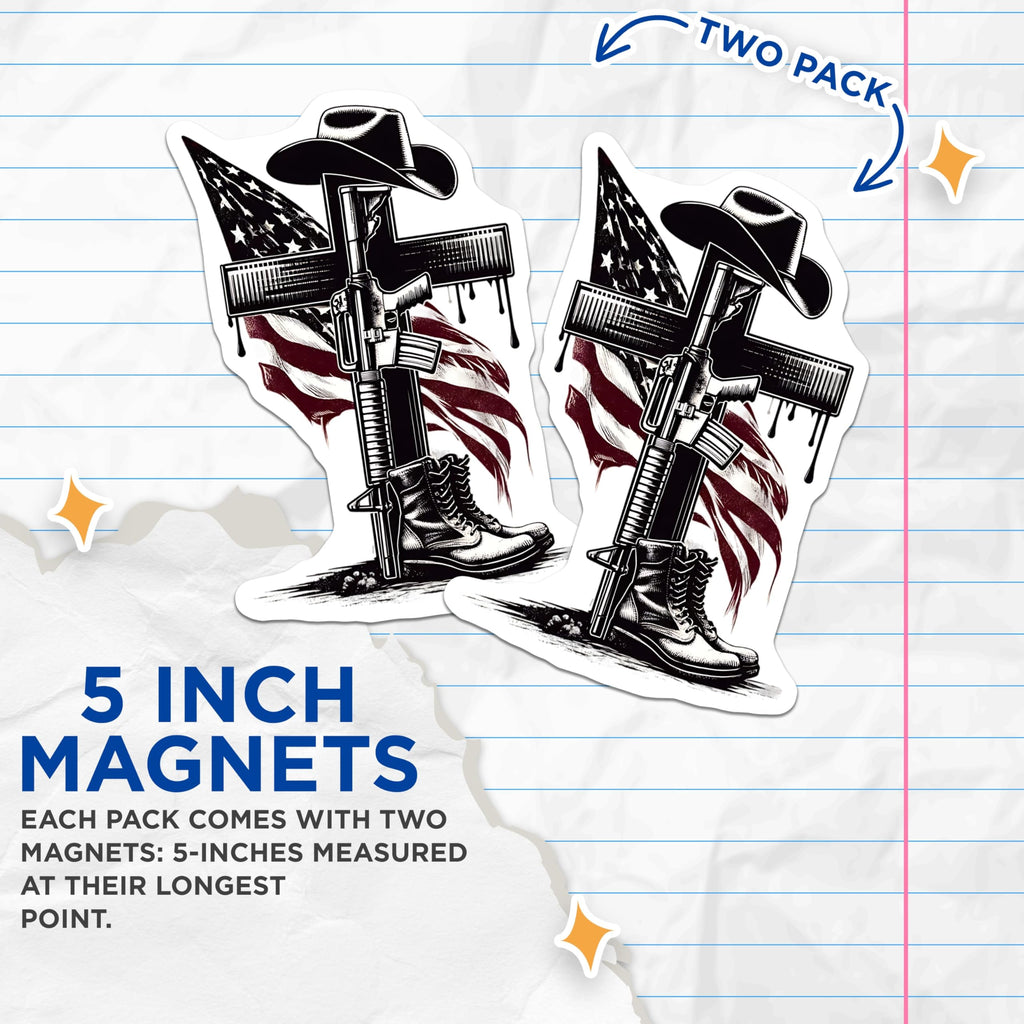 (2 Pack) Memorial Magnets - Patriotic Magnet - Fallen Soldier Cowboy Hat Flag - 5" On Longest Side - Premium Magnet - for Cars, Refrigerators, Toolboxes, Lockers - Made in USA - MAG15669