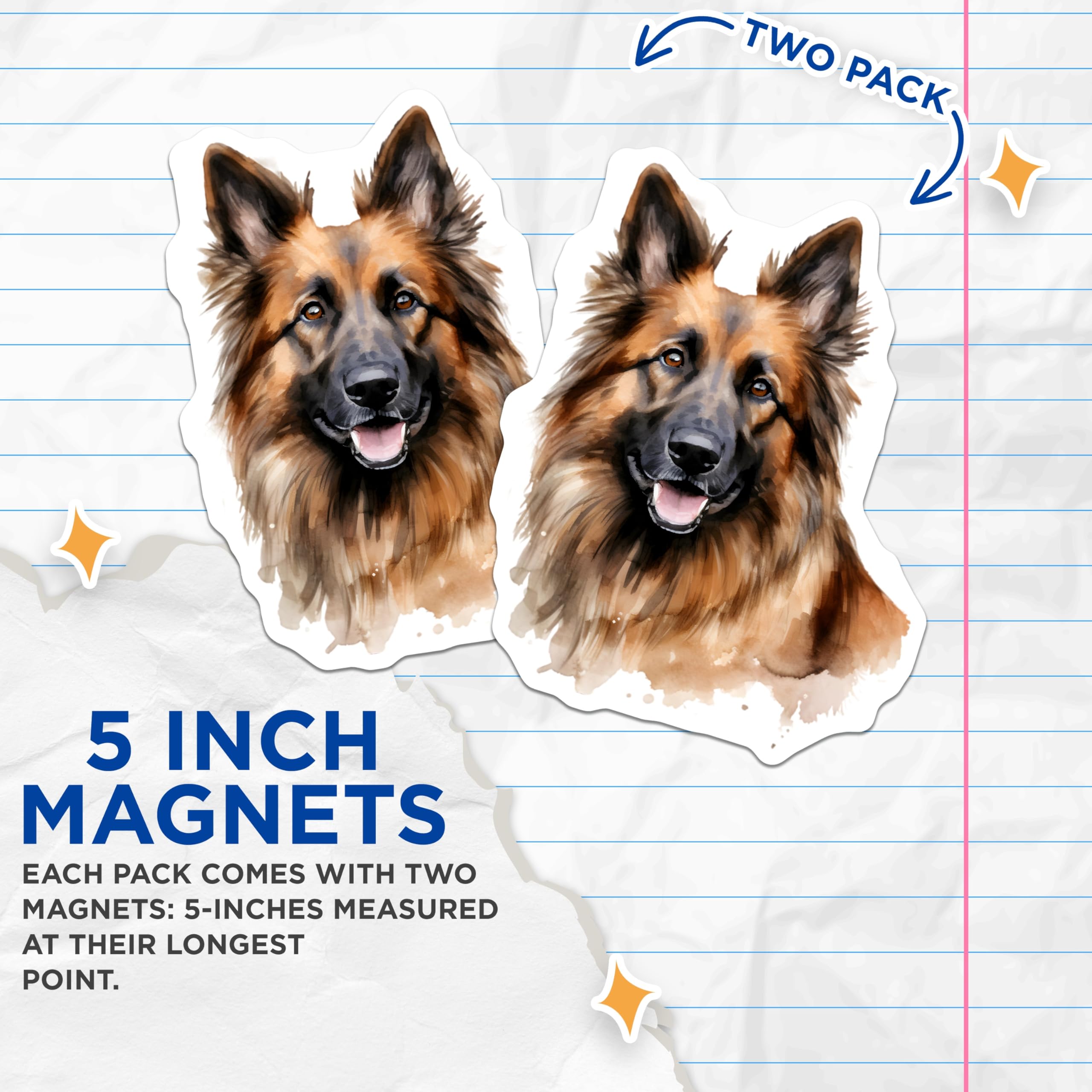 (2 Pack) German Shepherd Magnets - Watercolor Dog Art - Pet Lover Home Decor - 5 Inches On Longest Side - Thick Durable Magnet - Made in USA - MAG30785