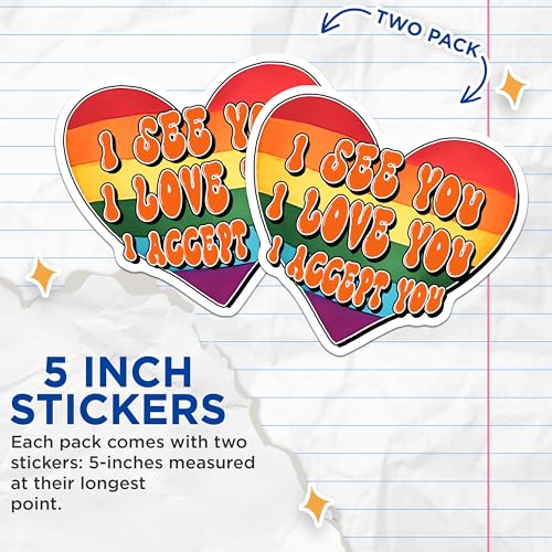 (2 Pack) Rainbow Heart Stickers - I See You I Love You I Accept You - LGBTQ Pride Support - 5" On Longest Side - Sticks to Smooth Flat Surfaces - Made in USA - BMCS8280