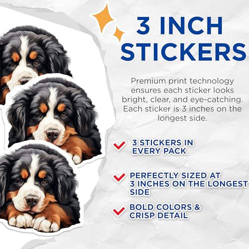 (3 Pack) Bernese Mountain Dog Decals - Puppy Dog Breed - Laptop Decal - 3 Inches On Longest Side - Easy Peel & Apply - Made in USA - 3MCS8630