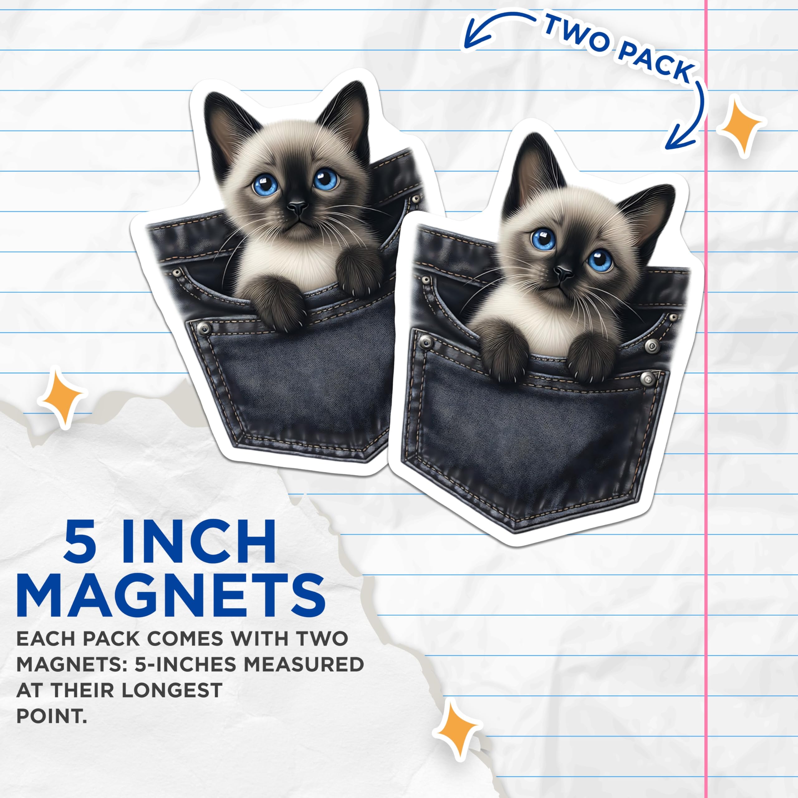 (2 Pack) Siamese Kitten Magnets - Cute Pocket Cat - Refrigerator Decor - 5" On Longest Side - Premium Magnet - for Cars, Refrigerators, Toolboxes, Lockers - Made in USA - MAG14489