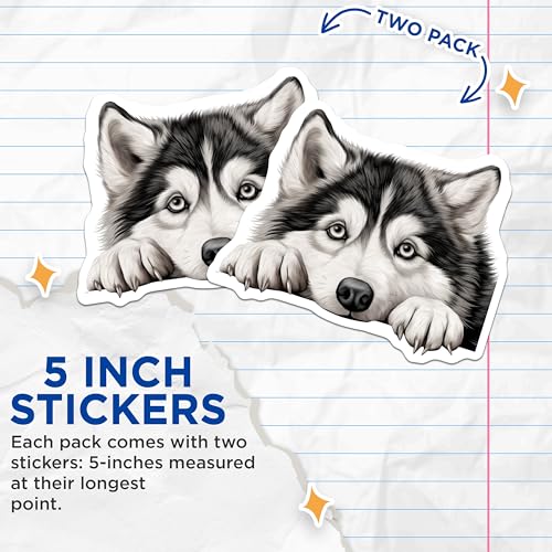 (2 Pack) Husky Dog Stickers - Cute Dog Breed - Adorable Husky Illustration - 5" On Longest Side - Sticks to Smooth Flat Surfaces - Made in USA - BMCS9819