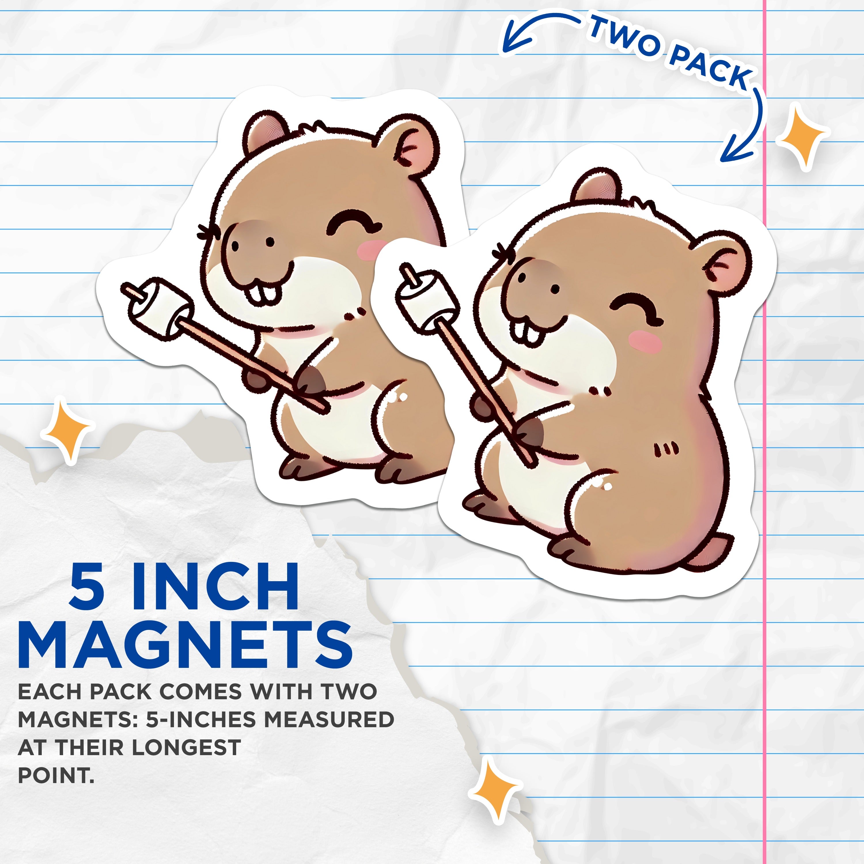 (2 Pack) Cute Hamster Magnets - Kawaii Marshmallow Fridge Decor - Cozy Animal Locker Accents - 5 Inches On Longest Side - Thick Durable Magnet - Made in USA - MAG37399
