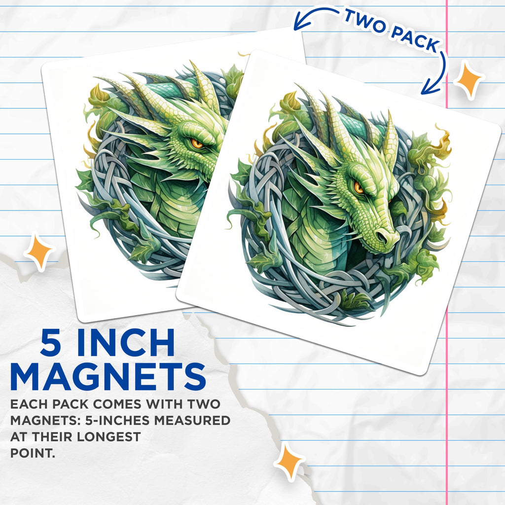 (2 Pack) Green Dragon Magnets - Celtic Knot Fantasy Decor - Dungeons Dragons Fan Refrigerator Art - 5 Inches On Longest Side - Thick Durable Magnet - Made in USA - MAG27929