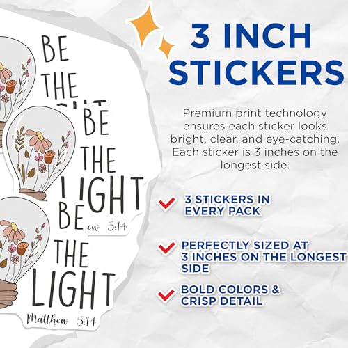 (3 Pack) Be The Light Decals - Christian Bible Verse - Religious Laptop Decal - 3 Inches On Longest Side - Easy Peel & Apply - Made in USA - 3MCS4682