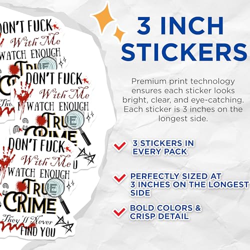 (3 Pack) True Crime Decals - Crime Obsessed - Serial Killer Fan Decals - 3 Inches On Longest Side - Easy Peel & Apply - Made in USA - 3MCS4605
