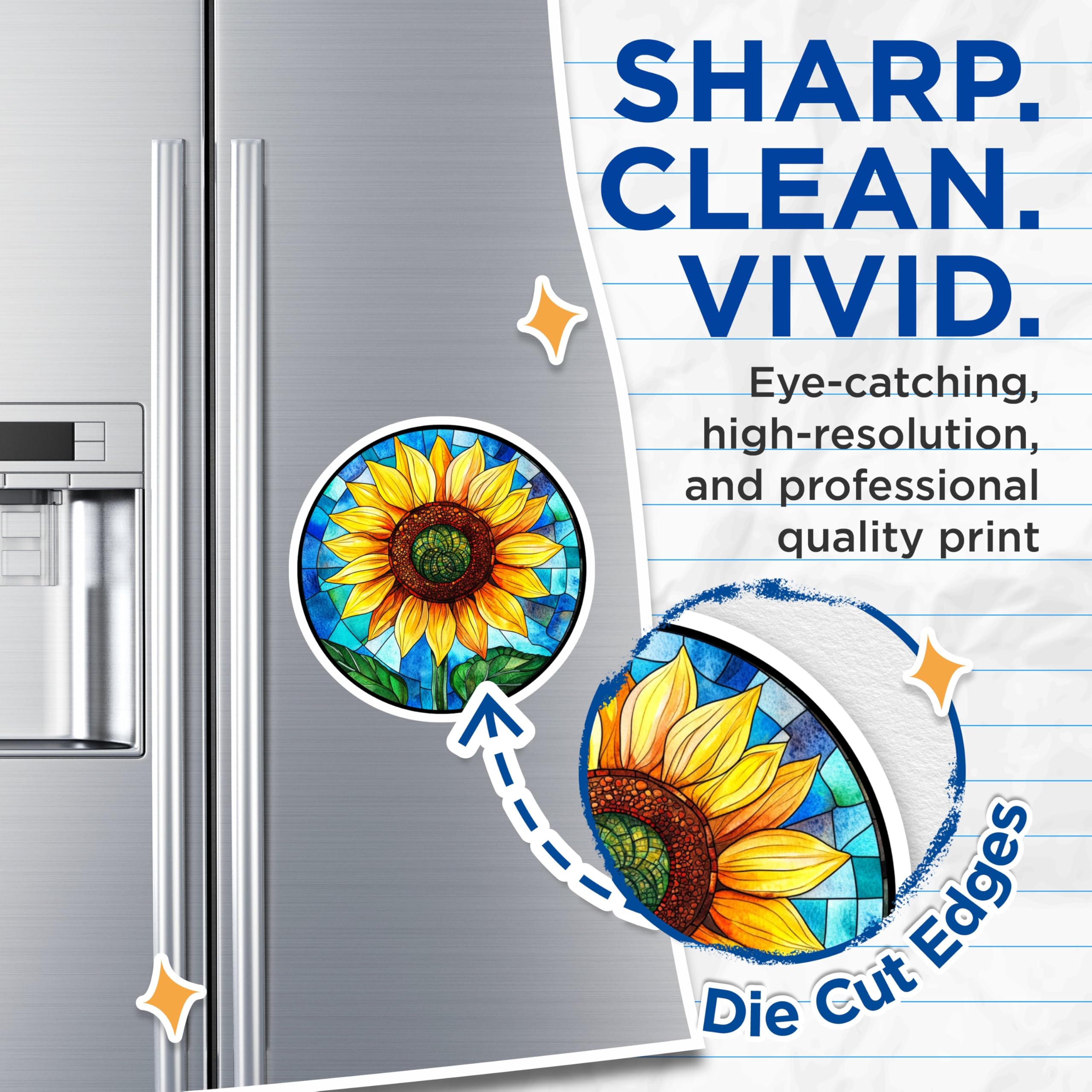 (2 Pack) Stained Glass Sunflower Magnets - Vibrant Floral Kitchen Decor - Faux Window Art Refrigerator Magnets - 5 Inches On Longest Side - Thick Durable Magnet - Made in USA - MAG29049