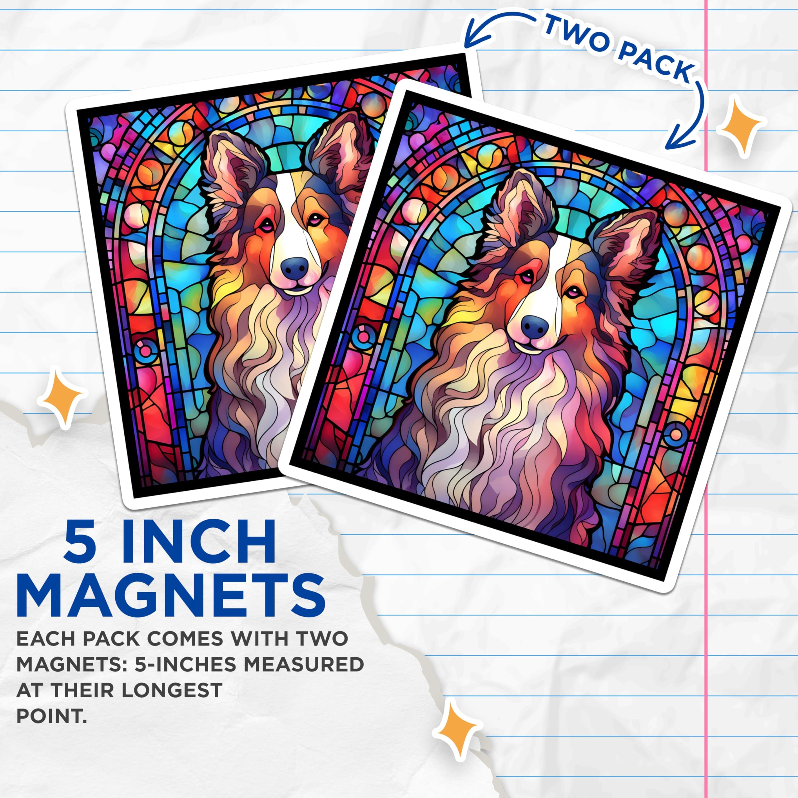(2 Pack) Sheltie Dog Magnets - Stained Glass Look - Collie Dog Refrigerator Magnet - 5" On Longest Side - Premium Magnet - for Cars, Refrigerators, Toolboxes, Lockers - Made in USA - MAG15554