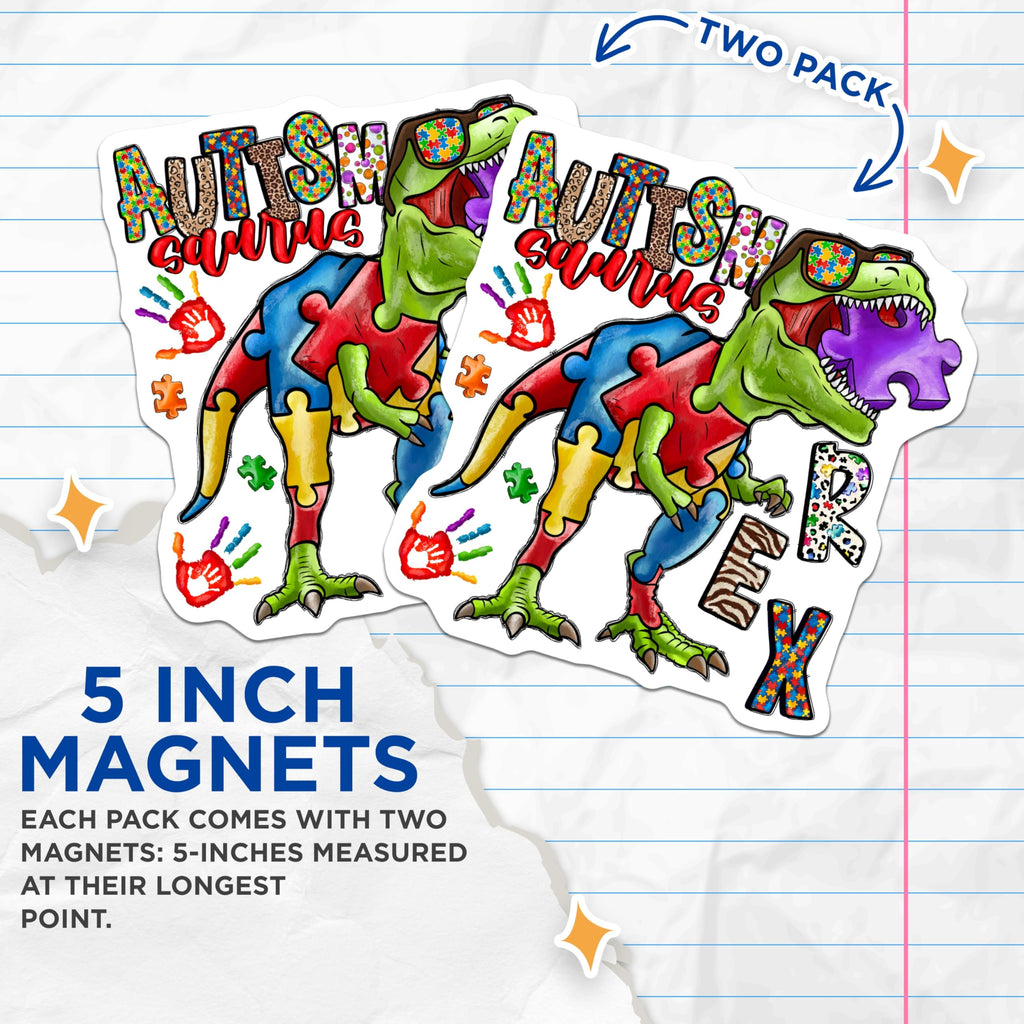 (2 Pack) Autism Awareness Dinosaur Magnets - Neurodiversity Acceptance - Puzzle Piece T-Rex Support - 5 Inches On Longest Side - Thick Durable Magnet - Made in USA - MAG27188