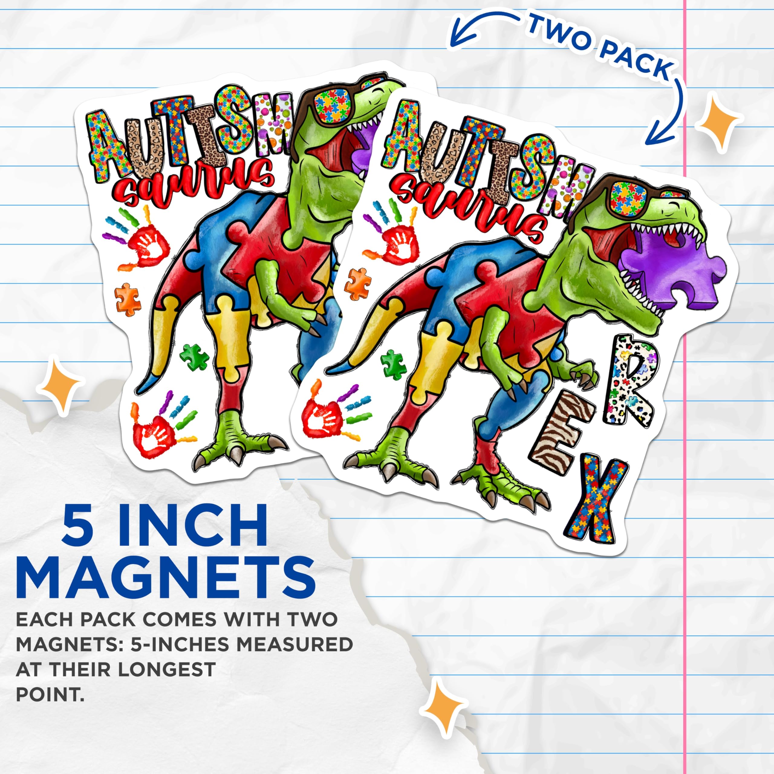 (2 Pack) Autism Awareness Dinosaur Magnets - Neurodiversity Acceptance - Puzzle Piece T-Rex Support - 5 Inches On Longest Side - Thick Durable Magnet - Made in USA - MAG27188