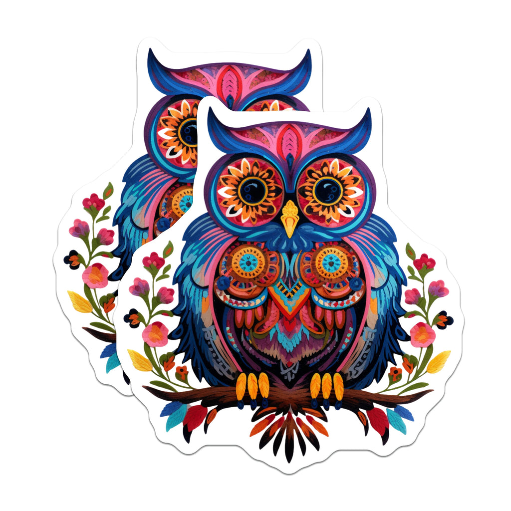 (2 Pack) Bohemian Owl Magnets - Vibrant Folk Art Refrigerator Decor - Eclectic Wise Owl Kitchen Display - 5 Inches On Longest Side - Thick Durable Magnet - Made in USA - MAG38140