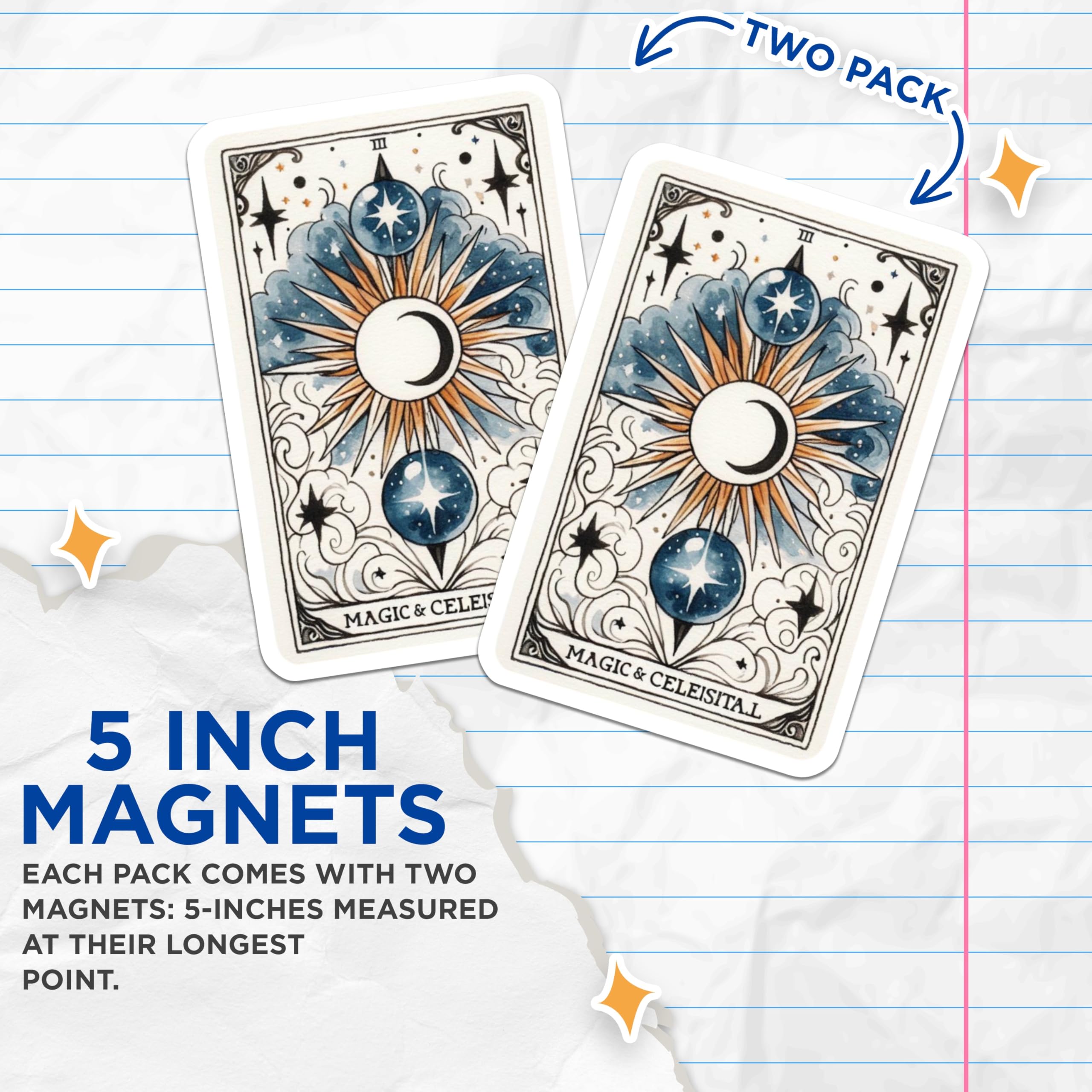 (2 Pack) Celestial Sun Moon Magnets - Magic Star Tarot - Mystical Fridge Decor - 5" On Longest Side - Premium Magnet - for Cars, Refrigerators, Toolboxes, Lockers - Made in USA - MAG15520