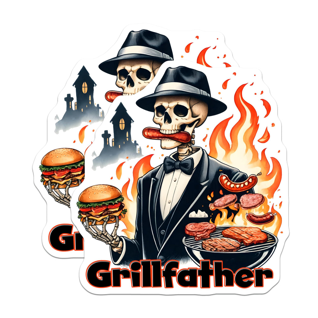 (2 Pack) Grillfather Magnets - Skeleton with Grill Art - Funny BBQ Decor - Spooky Cookout - Halloween Party Ideas - 5" On Longest Side - for Cars, Fridges, Toolboxes - Made in USA - MAG7456