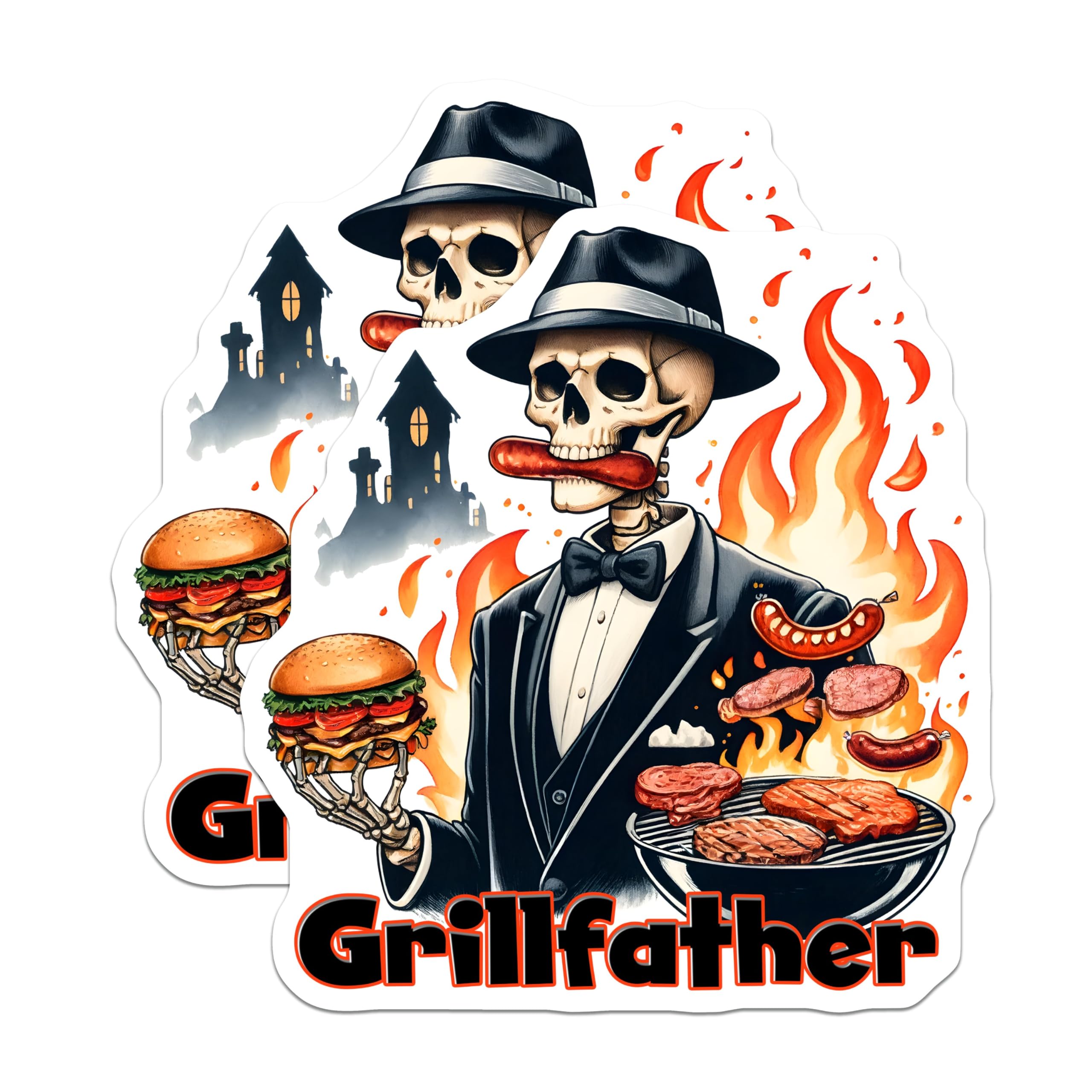 (2 Pack) Grillfather Magnets - Skeleton with Grill Art - Funny BBQ Decor - Spooky Cookout - Halloween Party Ideas - 5" On Longest Side - for Cars, Fridges, Toolboxes - Made in USA - MAG7456