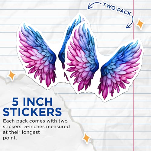 (2 Pack) Angel Wings Stickers - Colorful Wings Art - Inspirational Sticker Decal - 5" On Longest Side - Sticks to Smooth Flat Surfaces - Made in USA - BMCS6494