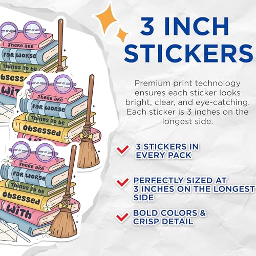 (3 Pack) Book Lover Decals - Stacked Books - Obsessed with Reading- 3 Inches On Longest Side - Easy Peel & Apply - Made in USA - 3MCS5765