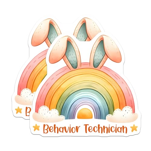 (2 Pack) Behavior Technician Stickers - Rainbow Bunny Stickers - Cute Job Title Stickers - 5" On Longest Side - Sticks to Any Smooth Flat Surface - Made in USA - BMCS3169