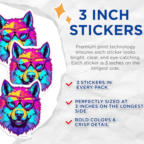 (3 Pack) Cool Dog Decals - Colorful Wolf Stickers - Laptop Decal Art - 3 Inches On Longest Side - Easy Peel & Apply - Made in USA - 3MCS6006