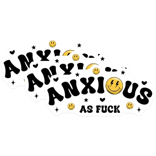 (3 Pack) Anxious As Fuck Decals - Smiley Face Laptop Decal - Trendy Slogan Stickers - 3 Inches On Longest Side - Easy Peel & Apply - Made in USA - 3MCS6434