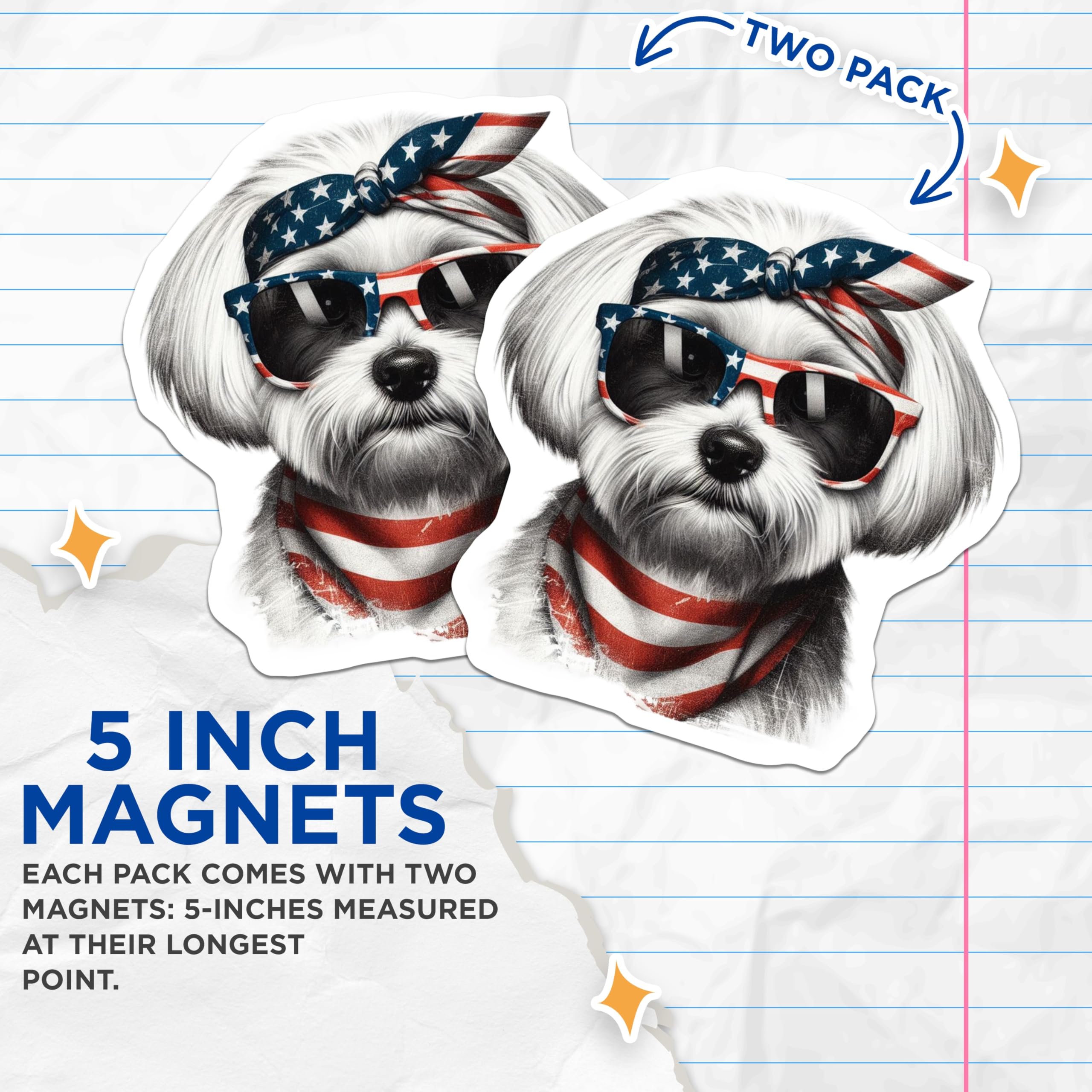 (2 Pack) Patriotic Dog Magnets - USA Flag - Maltese Puppy Fridge Decors - 5" On Longest Side - Premium Magnet - for Cars, Refrigerators, Toolboxes, Lockers - Made in USA - MAG15812