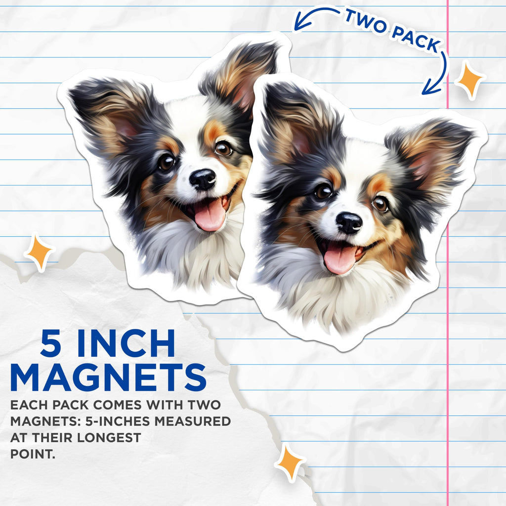 (2 Pack) Papillon Dog Magnets - Happy Puppy Face - Pet Lover Decor - 5 Inches On Longest Side - Thick Durable Magnet - Made in USA - MAG29392