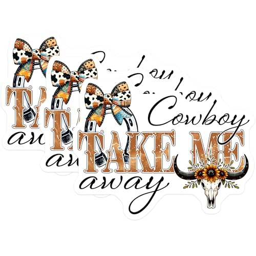 (3 Pack) Cowboy Take Me Away Decals - Western Laptop Decals - Cow Skull Sunflowers Stickers - 3 Inches On Longest Side - Easy Peel & Apply - Made in USA - 3MCS1937