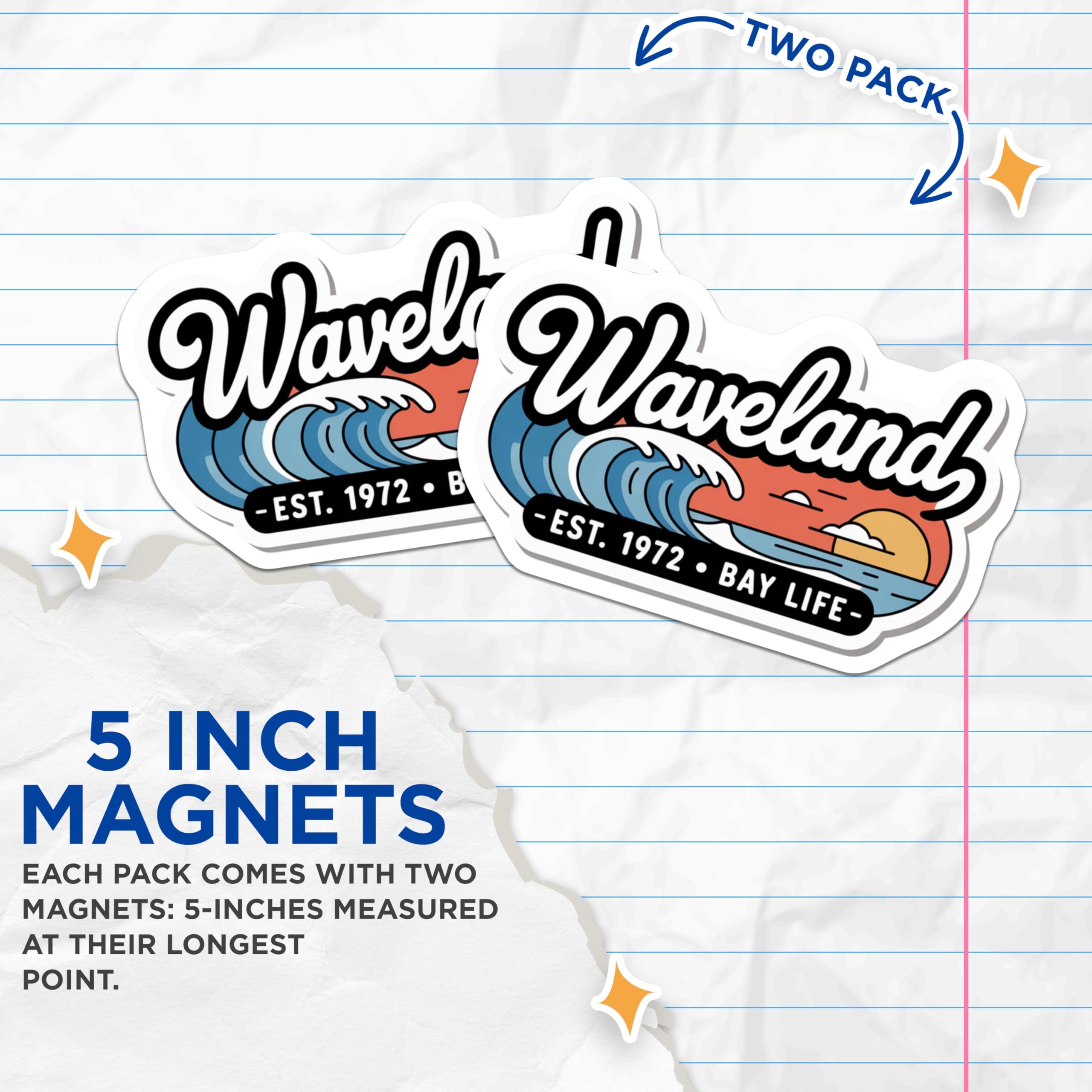 (2 Pack) Waveland Magnets - Bay Life - Retro Wave Magnets - 5" On Longest Side - Premium Magnet - for Cars, Refrigerators, Toolboxes, Lockers - Made in USA - MAG18202