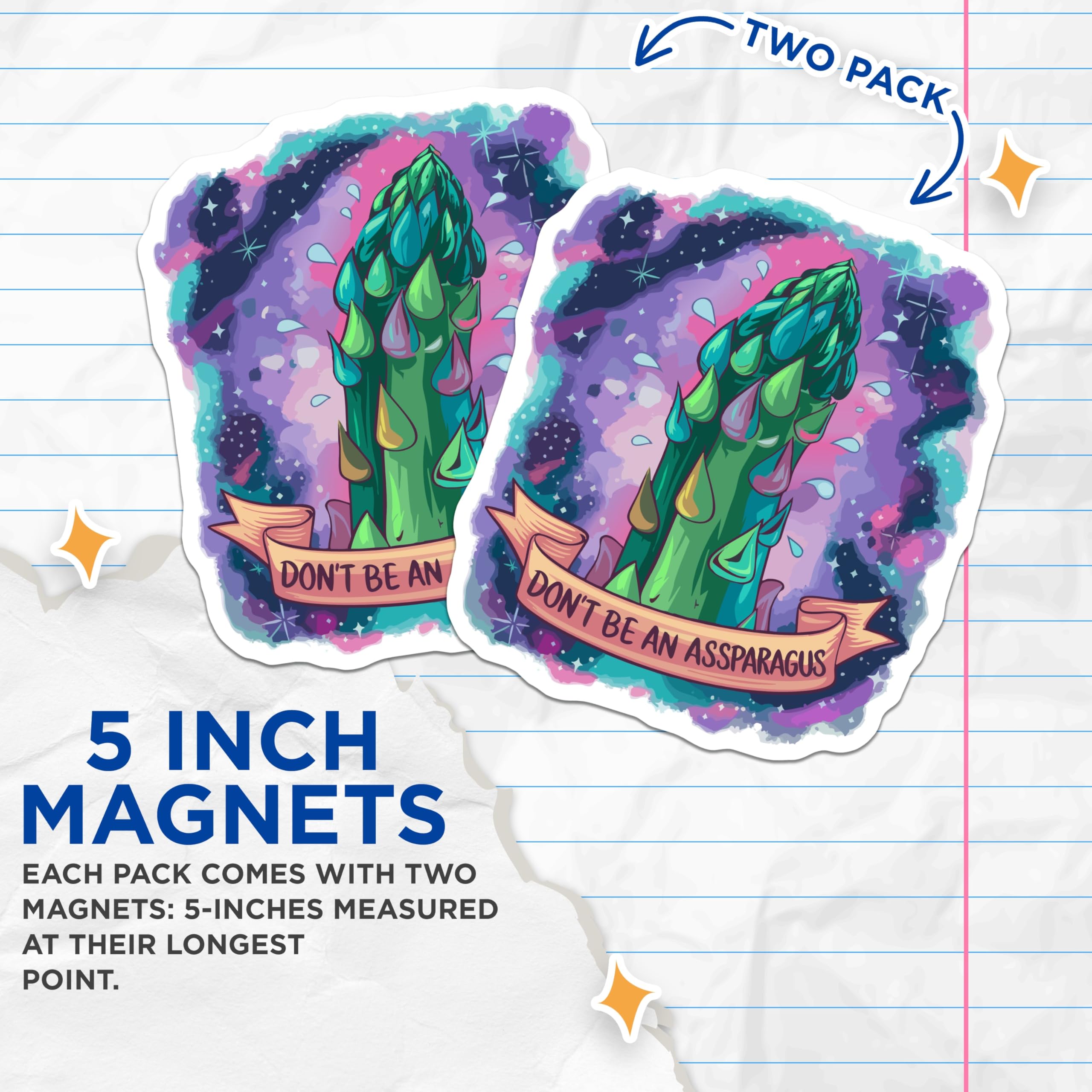 (2 Pack) Dont Be an Asparagus Magnets - Funny Pun Quote Vegetable Decor - Cosmic Galaxy Refrigerator Accent - 5 Inches On Longest Side - Thick Durable Magnet - Made in USA - MAG20586