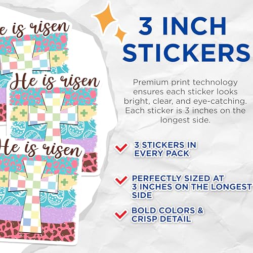 (3 Pack) He is Risen Decals - Easter Cross Decal - Laptop Decals - 3 Inches On Longest Side - Easy Peel & Apply - Made in USA - 3MCS1866