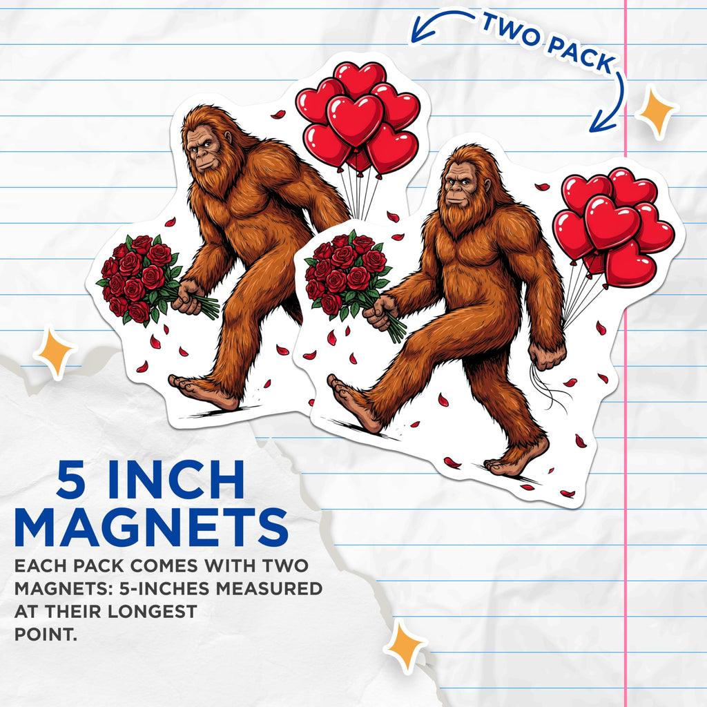 (2 Pack) Bigfoot Love Magnets - Romantic Sasquatch Decor - Heart Balloon Magnet Set - 5" On Longest Side - Premium Magnet - for Cars, Refrigerators, Toolboxes, Lockers - Made in USA - MAG15415