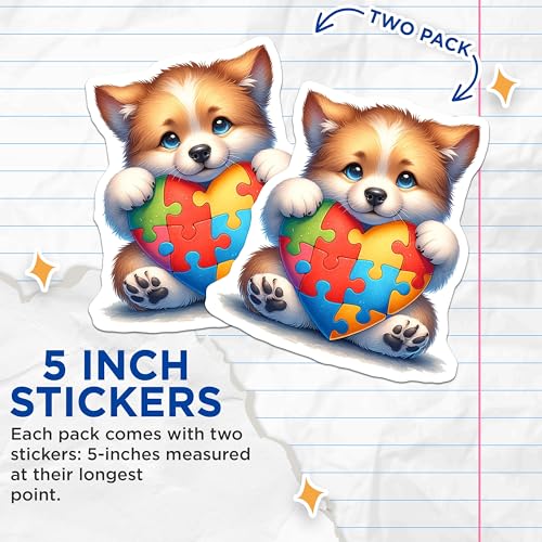 (2 Pack) Cute Corgi Dog Stickers - Puppy with Puzzle Heart - Adorable Animal Decal - 5" On Longest Side - Sticks to Smooth Flat Surfaces - Made in USA - BMCS9476