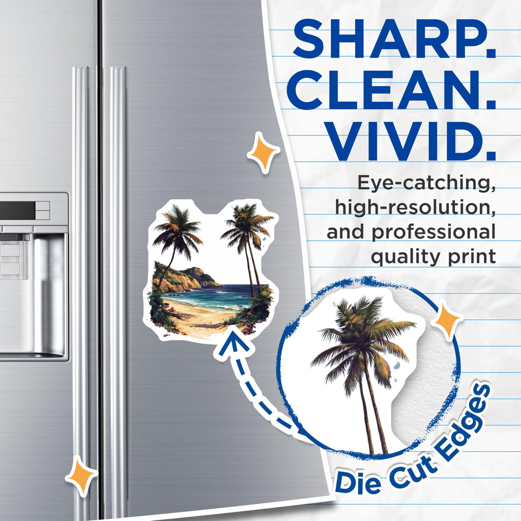 (2 Pack) Tropical Beach Scene Magnets - Ocean Palm Trees - Coastal Aesthetic Decor - 5 Inches On Longest Side - Thick Durable Magnet - Made in USA - MAG28330