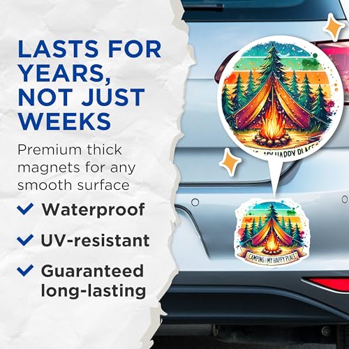 (2 Pack) Camping is My Happy Place Magnets - Campfire - Nature Art - Outdoor Adventure - Tent Magnets - 5" On Longest Side - for Cars, Fridges, Toolboxes - Made in USA - MAG6606