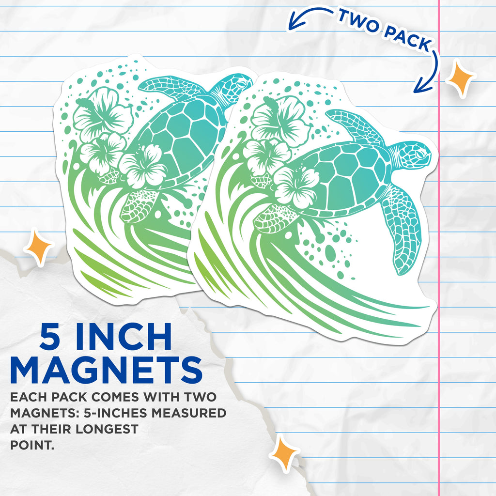 (2 Pack) Sea Turtle Magnets - Hawaiian Honu Ocean Wave - Coastal Beach Decor - Marine Life Fridge Accessory - Tropical Hibiscus Design - 5" - Thick Durable Magnet - Made in USA - MAG39981