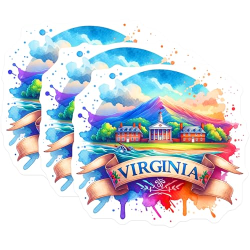 (3 Pack) Virginia Decals - Watercolor State Art - Laptop Stickers- 3 Inches On Longest Side - Easy Peel & Apply - Made in USA - 3MCS5878