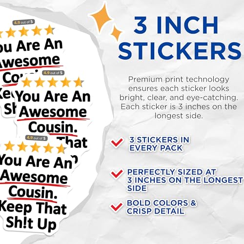 (3 Pack) Awesome Cousin Decals - Funny Cousin Saying - Positive Cousin Vibes - 3 Inches On Longest Side - Easy Peel & Apply - Made in USA - 3MCS8107