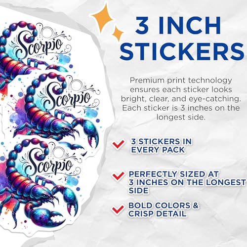(3 Pack) Scorpio Zodiac Decals - Astrology Lover - Laptop Decals- 3 Inches On Longest Side - Easy Peel & Apply - Made in USA - 3MCS5658
