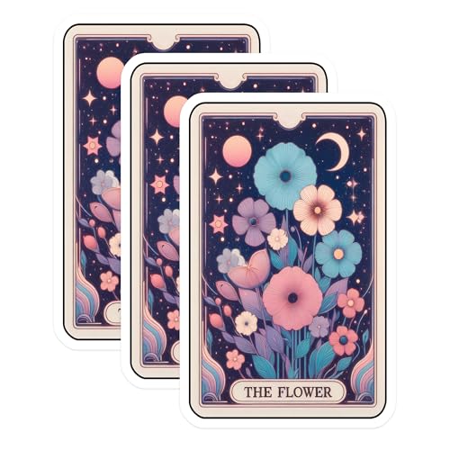 (3 Pack) Floral Tarot Card Decals - Flower Laptop Decals - Mystical Stickers - 3 Inches On Longest Side - Easy Peel & Apply - Made in USA - 3MCS4178