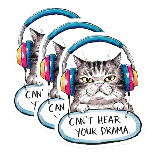 (3 Pack) Cat with Headphones Decals - Funny Cat Sticker - Anti Drama Decal - 3 Inches On Longest Side - Easy Peel & Apply - Made in USA - 3MCS7244