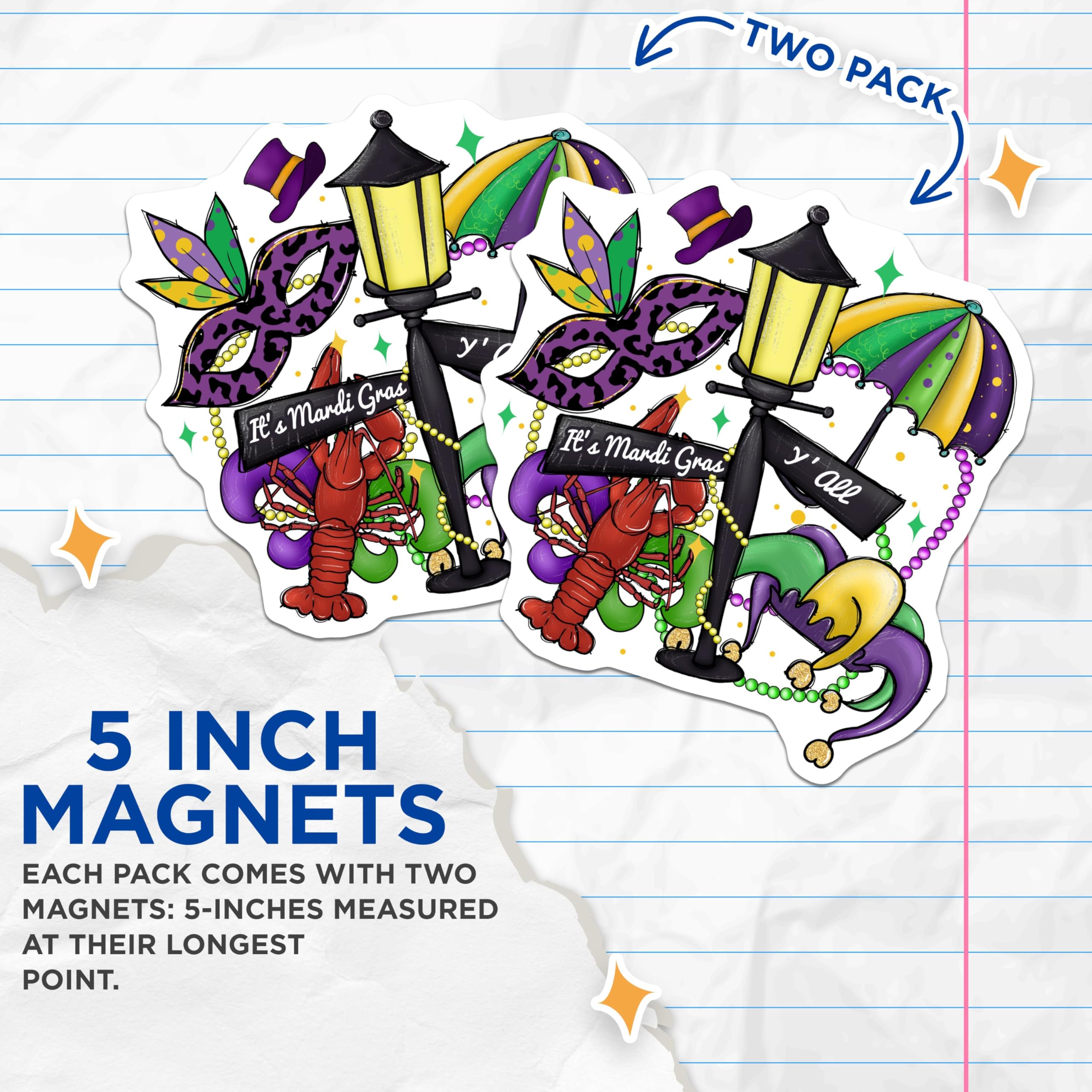 (2 Pack) Mardi Gras Party Magnets - New Orleans - Festive Magnet - 5" On Longest Side - for Cars, Fridges, Toolboxes - Made in USA - MAG4398