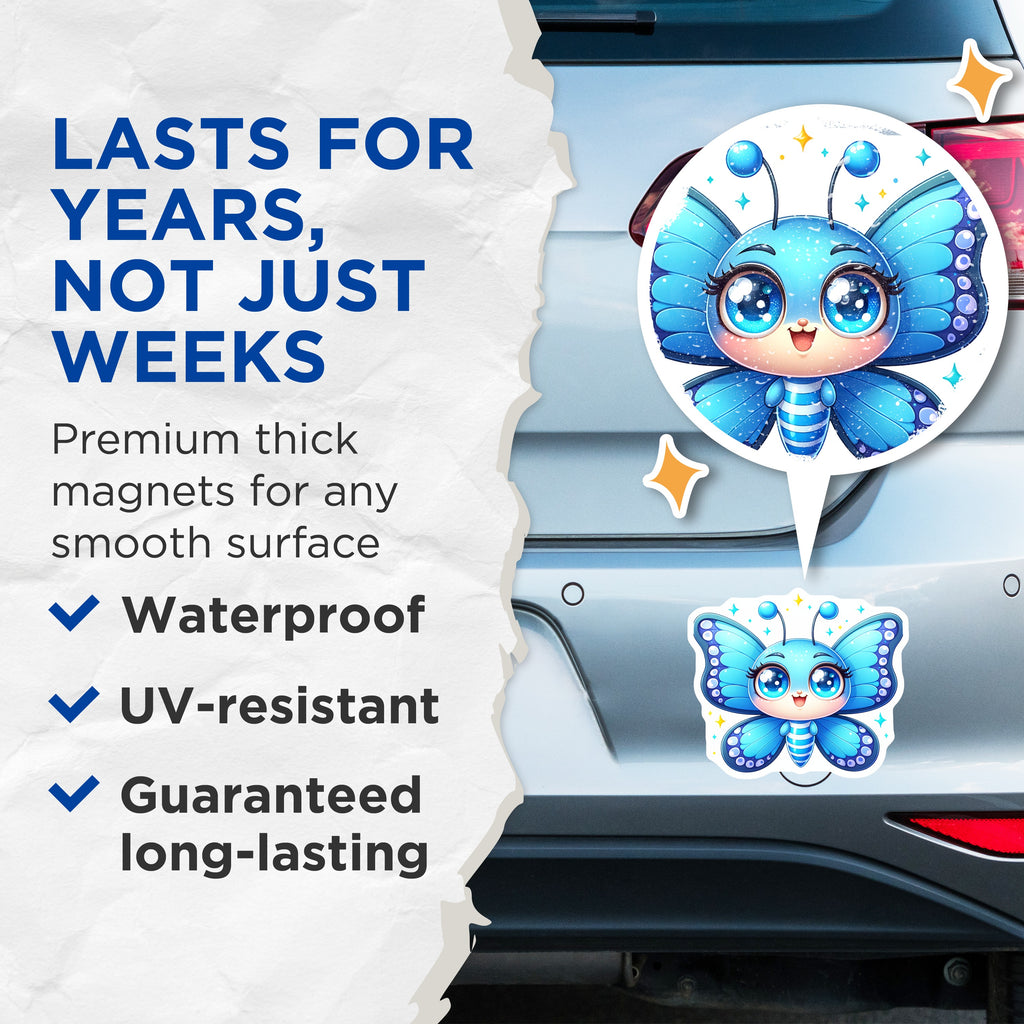(2 Pack) Cute Blue Butterfly Magnets - Kawaii Animal Fridge Decor - Whimsical Locker Art for Kids Room - 5 Inches On Longest Side - Thick Durable Magnet - Made in USA - MAG36179