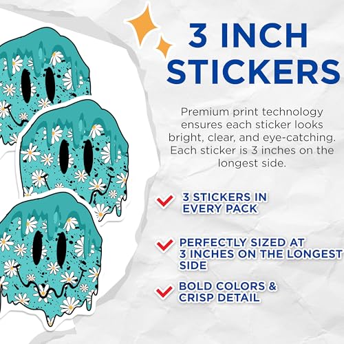 (3 Pack) Smiley Face Decals - Dripping Turquoise Daisy - Laptop Decal- 3 Inches On Longest Side - Easy Peel & Apply - Made in USA - 3MCS5002