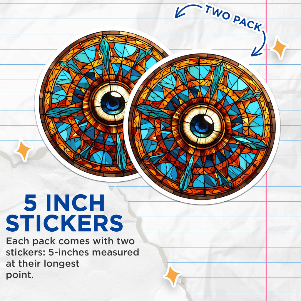 (2 Pack) Stained Glass Eye Stickers - All Seeing Eye Decals - Mystical Mandala Art - 5" On Longest Side - Sticks to Smooth Flat Surfaces - Made in USA - BMCS21030