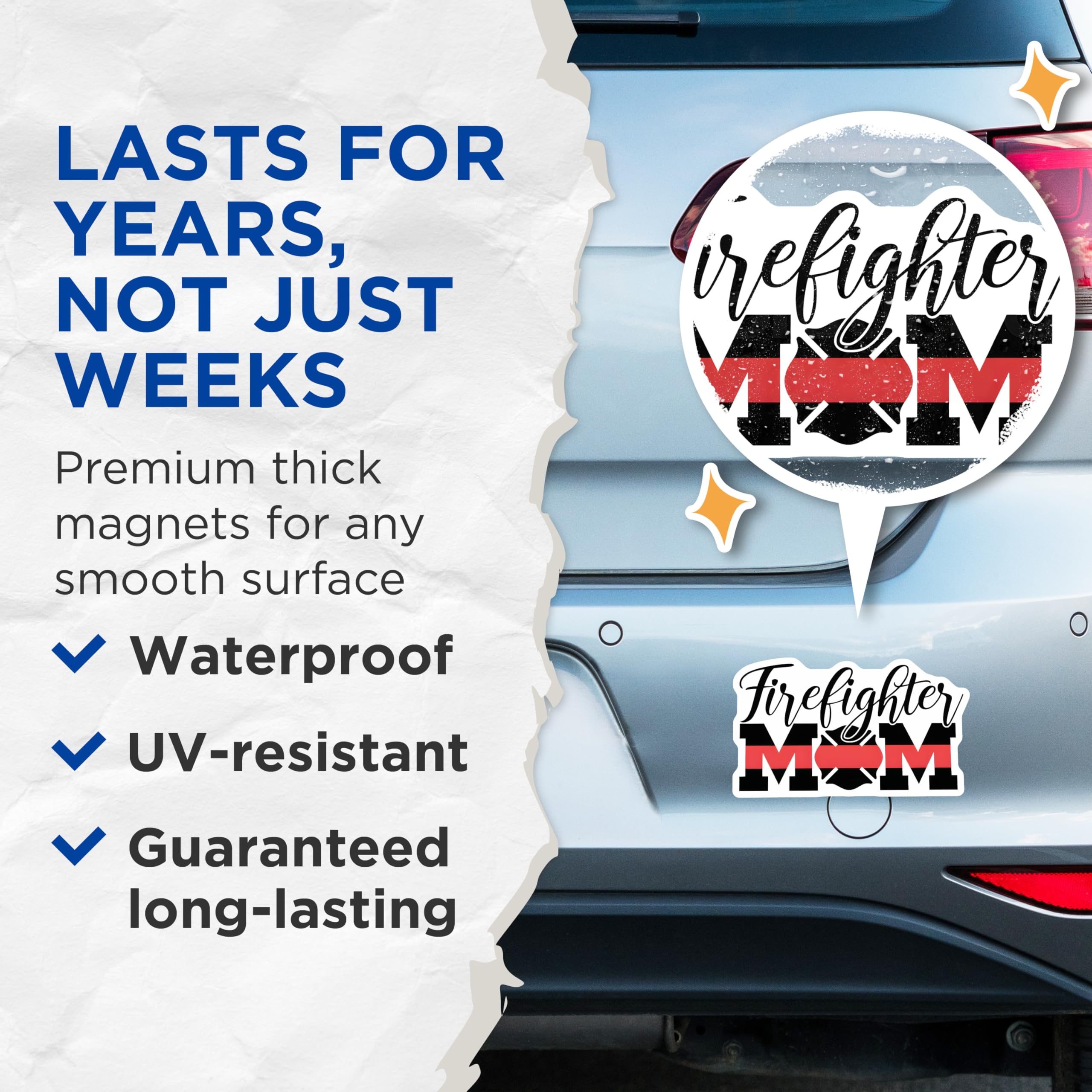 (2 Pack) Firefighter Mom Magnets - Thin Red Line - Proud Firefighter Family - 5" On Longest Side - Premium Magnet - for Cars, Refrigerators, Toolboxes, Lockers - Made in USA - MAG17505