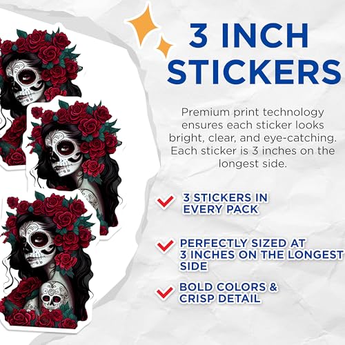 (3 Pack) Sugar Skull Decals - Day of The Dead Sticker - Floral Skull - Laptop Decals - 3 Inches On Longest Side - Easy Peel & Apply - Made in USA - 3MCS7966
